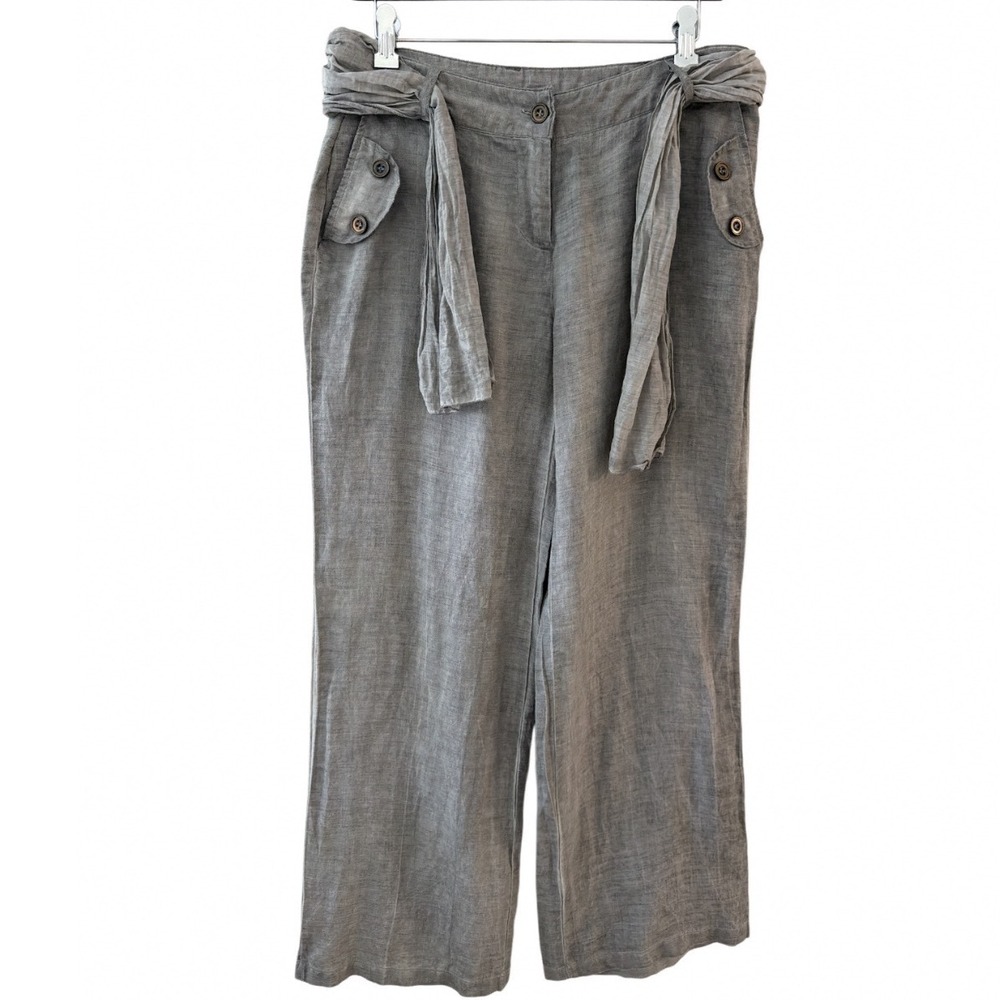 Elan Grey 100% Ramie Faded Wide Leg Pants Tie Waist Button Detail Womens Mediumโ